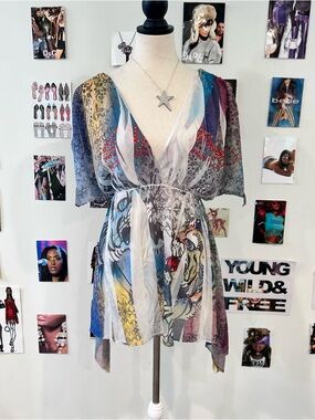 Ed Hardy Multicolor Sheer V-Neck Printed Tunic - Blue Purple Yellow Red Cream